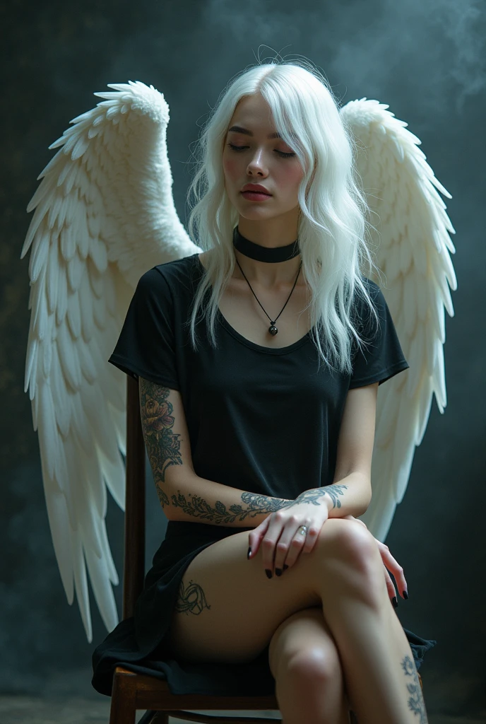 Girl like a fairy face smooth skin pink lips white hair perfect body setting on the chair and have necklace and have tattoos with black t-shirt and dark smoke background with big wings of an angel
