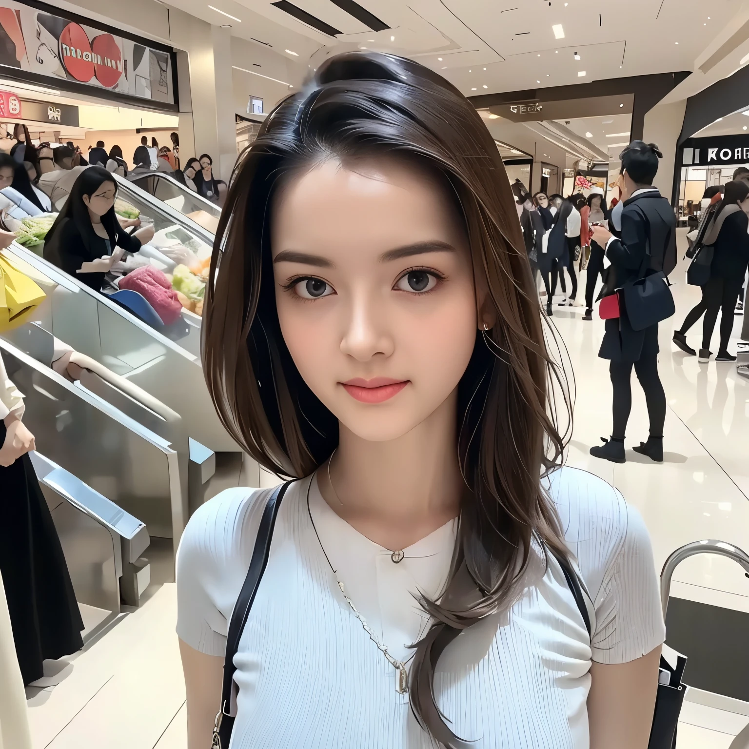 (masterpiece, best quality:1.2, 8k RAW photo), 1girl, solo, standing in a crowded escalator of a shopping mall, holding shopping bags