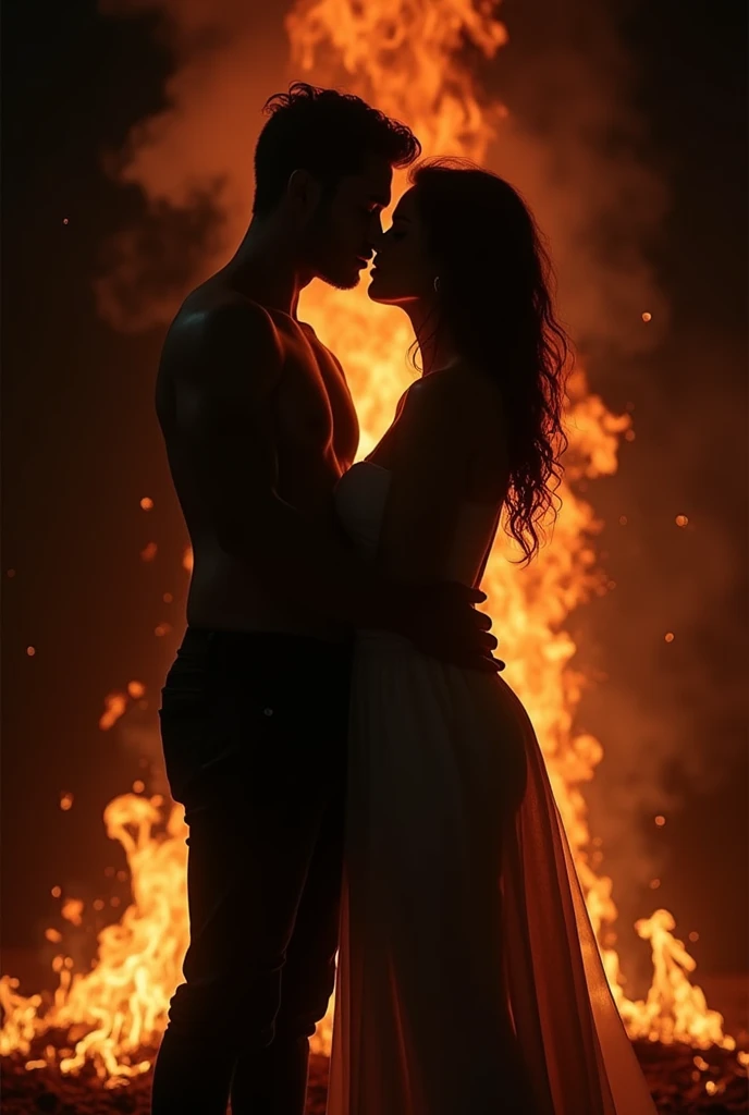 The image you have shown me is the cover of a book titled "fire and shadows: Erotic Stories". The cover shows a couple in an intimate pose, with their silhouettes barely visible. The man and the woman are sitting, and their bodies come closer as they seem to be about to kiss. The image has a dark and dramatic atmosphere, with deep shadows and dim lighting. Behind them, Flames are seen enveloping part of their bodies, symbolizing the passion and intensity of the erotic theme. There is a contrast between the darkness of the shadows and the warm glow of the fire., which adds a touch of mystery and sensuality to the scene. The title of the book is in prominent white letters, And below, in a smaller size, the phrase is found "Erotic Stories".
I will generate a similar image for you, keeping the focus on a passionate silhouette with fire and shadow effects, making sure to capture the sensual and dramatic atmosphere.