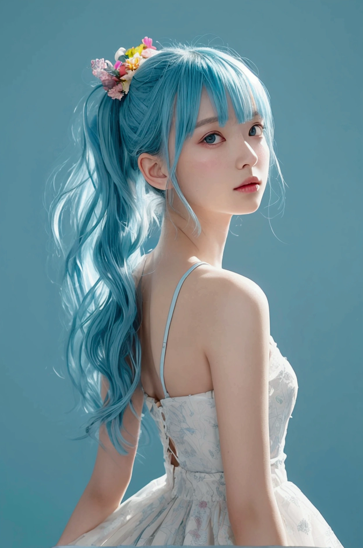 (masterpiece), (Highest quality), (Super detailed),(Disheveled Hair),(figure), (One person), (Fashionable clothes), Are standing, Fashion Model, View your viewers, (interview), (Simple Background),Beautiful attention to detail, Delicate and beautiful face, floating,(High saturation),(Colorful splashes),Colorful Bubbles,(The Shining), Focus on the face,  ponytail, kamisato ayaka, Light blue hair, bangs, Hair Ring, Floating Flowers, Floating hair, (The Shining), Best lighting, Best Shadow,Realistic texture、Full body image