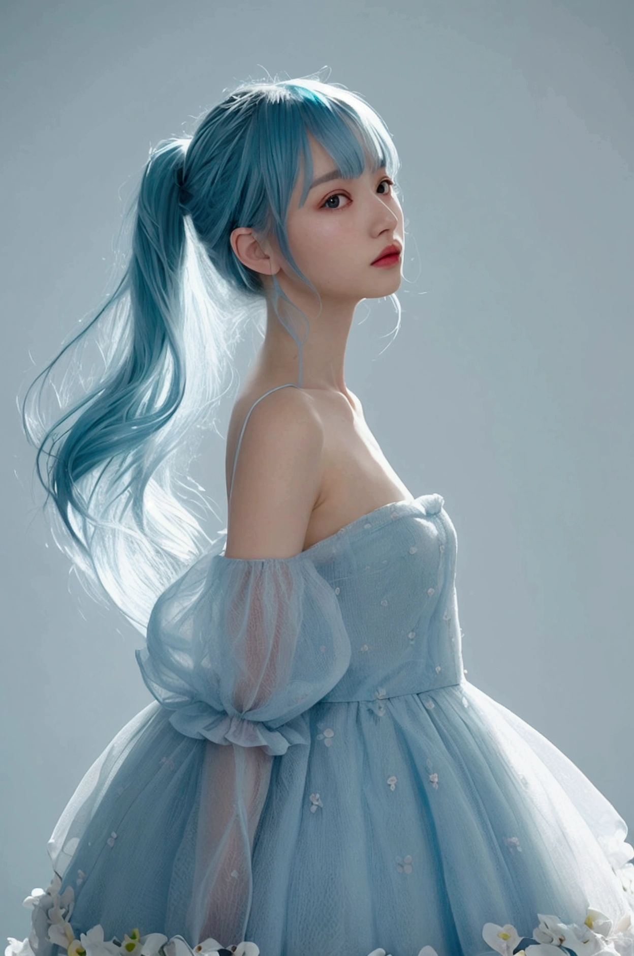 (masterpiece), (Highest quality), (Super detailed),(Disheveled Hair),(figure), (One person), (Fashionable clothes), Are standing, Fashion Model, View your viewers, (interview), (Simple Background),Beautiful attention to detail, Delicate and beautiful face, floating,(High saturation),(Colorful splashes),Colorful Bubbles,(The Shining), Focus on the face,  ponytail, kamisato ayaka, Light blue hair, bangs, Hair Ring, Floating Flowers, Floating hair, (The Shining), Best lighting, Best Shadow,Realistic texture、Full body image