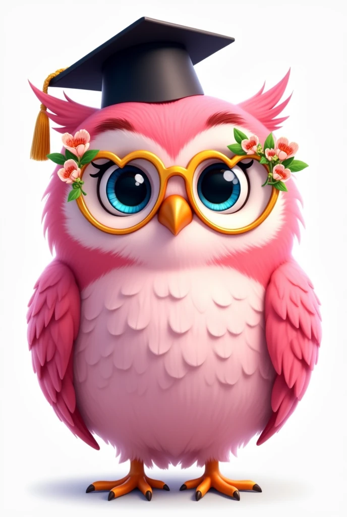 Disney Pixar style pink owl, golden glasses with delicate flowers and green leaves with heart-shaped frames, blue eyes loving and happy, Grinning, with smooth feathers, fundo png, with graduation style teacher hat in black color