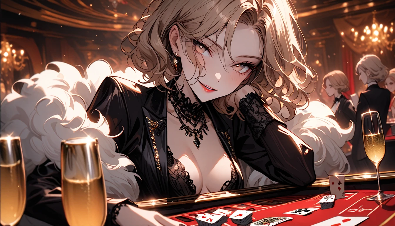 luxurious casino, elegant, opulent, card table, female croupier dealing cards, close up, seductive smile, champagne, decadent atmosphere, short hair, light brown eyes, short light brown hair, fluffy wavy hair, cleavage, jewelry, elegant, jacket, fun