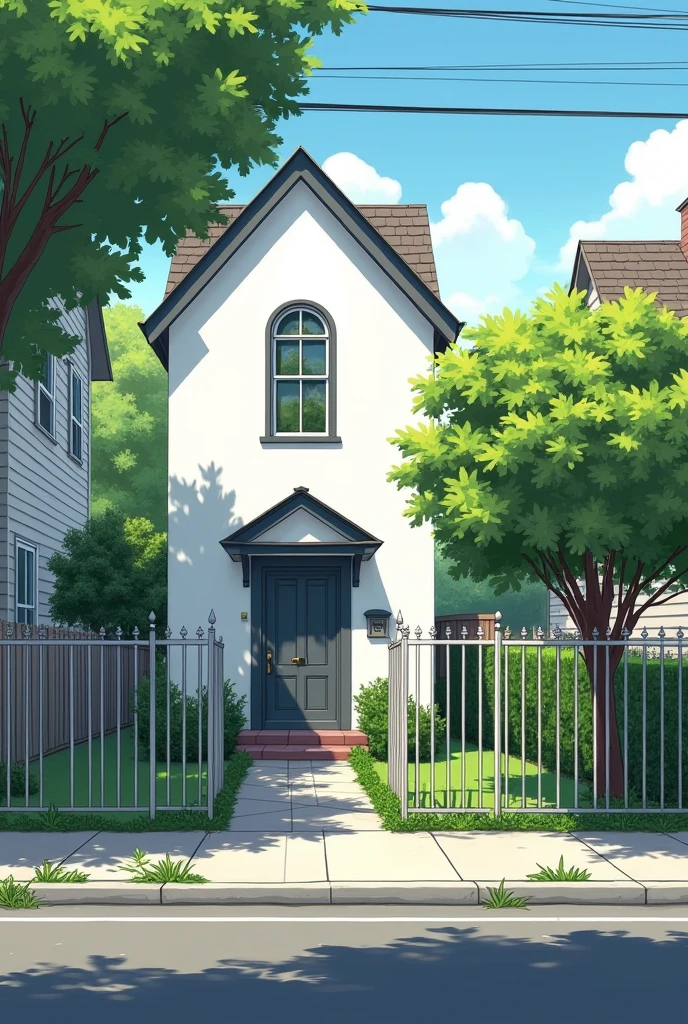 Create an image where, from the perspective of a street adjacent to the sidewalk, behind a metal fence you can see a house with narrow, Deeper, white facade. In front of it is a front garden with a fruit tree in the right corner