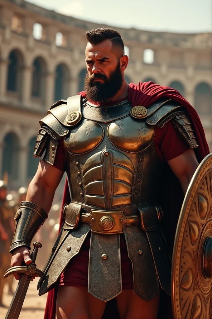 a hyper detailed, high definition, 12k realistic photo, a Roman legionnaire, his armor is shiny, sparkling, a multitude of details and textures make this armor a legendary piece, he is muscular, has a beard and a determined look, a detailed sword in one hand and a huge shield on the back, a Roman arena in the background, action lighting, dynamic pose, masterpiece