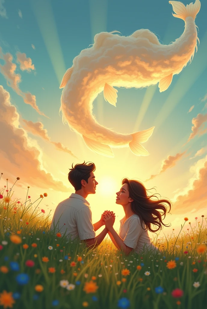 Create an image according to the following instructions:
A couple is lying in a meadow, enjoying the sunset and the clouds that form a fish pattern in the sky, while holding hands and smiling, enchanted by the simplicity of the moment.