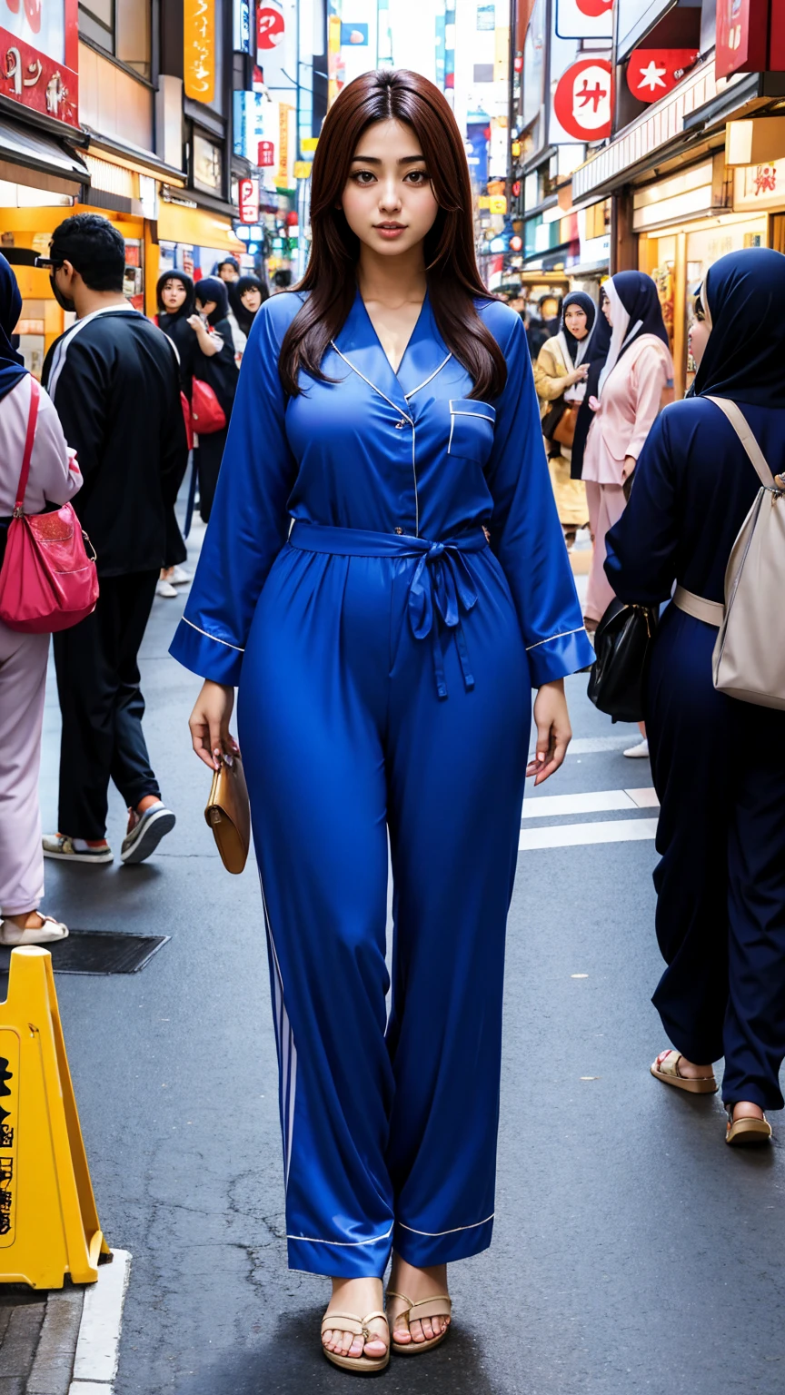 Arab women on the street japan , attractive body , Wearing a jumpsuit pajamas, Beautiful woman, in great detail ,wide hips, long legs, tall ,thick high,  group, Full body on camera, Wearing a strap wedge