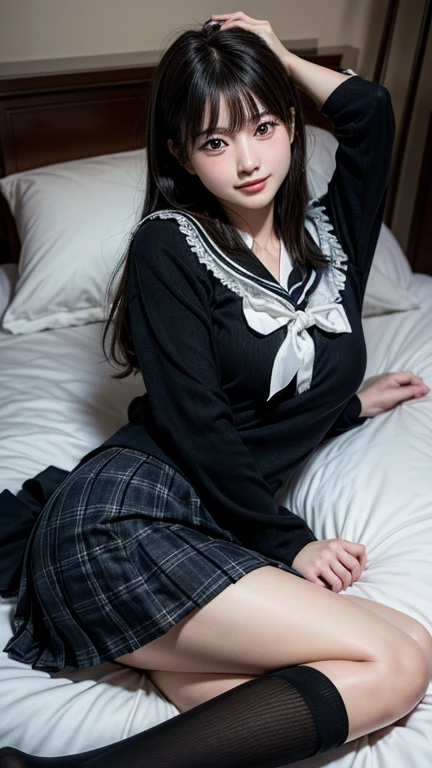 High resolution, Very detailed, Realistic, 1 beautiful Japan schoolgirl, Very detailed美しい顔, Sleeping on your back、Short Bob、Black Hair, Beautiful legs, A light smile, school uniform, Bedroom