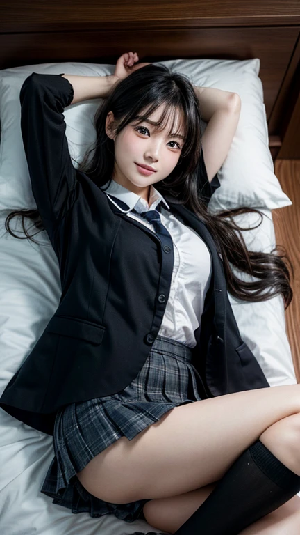 High resolution, Very detailed, Realistic, 1 beautiful Japan schoolgirl, Very detailed美しい顔, Sleeping on your back、Short Bob、Black Hair, Beautiful legs, A light smile, school uniform, Bedroom