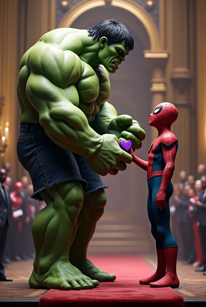 Hulk is handing Spider-Man a "Mauve toffee" on stage.