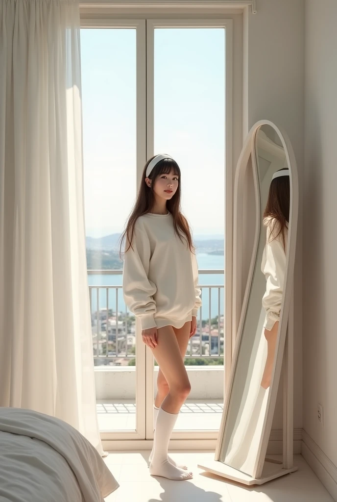 create images, the focus and silhouette of a young woman, Caucasian skin, very long brown silky hair with bangs. wearing a loose white sweatshirt, white hairband, long white over the knee socks, barefoot. she is taking a selfie in a mirror of a Greek mansion bedroom with a balcony just behind showing the sunny Greek city.