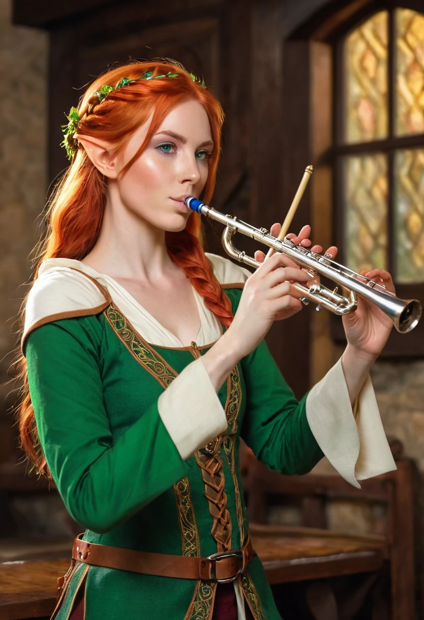 A female half-elf bard is entertaining the crown in an inn by playing the flute. light red hair and green eyes.