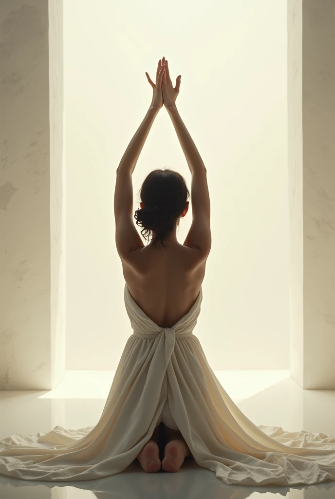 woman from behind, kneeling, raising his hands