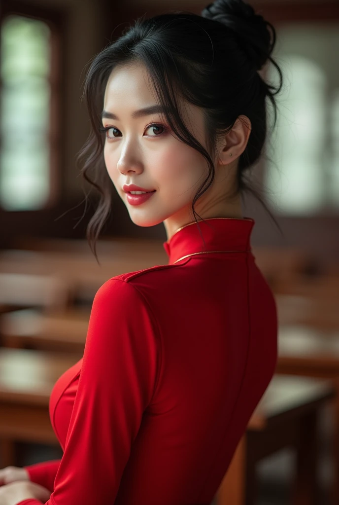 Asia Beautiful girl with smooth skin,Bangs,black hair,hair bun,dark eyeshadow,(beautiful bra, C shape), wearing a chinese dressred uniform, a tight fit, The background is a classroom,The most realistic picture.