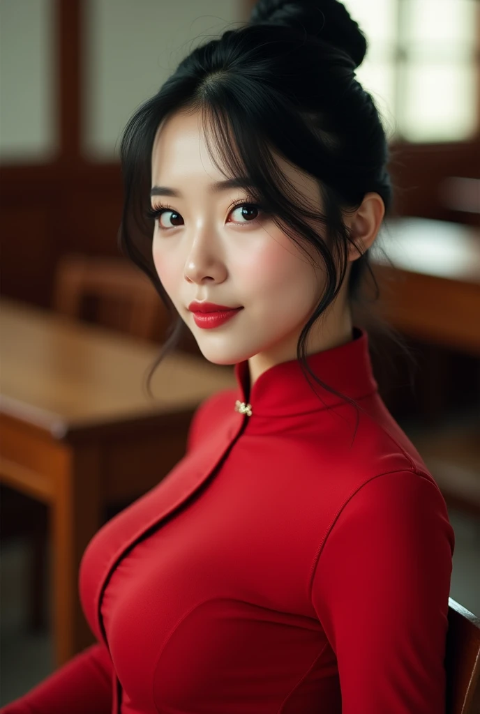 Asia Beautiful girl with smooth skin,Bangs,black hair,hair bun,dark eyeshadow,(beautiful bra, C shape), wearing a chinese dressred uniform, a tight fit, The background is a classroom,The most realistic picture.
