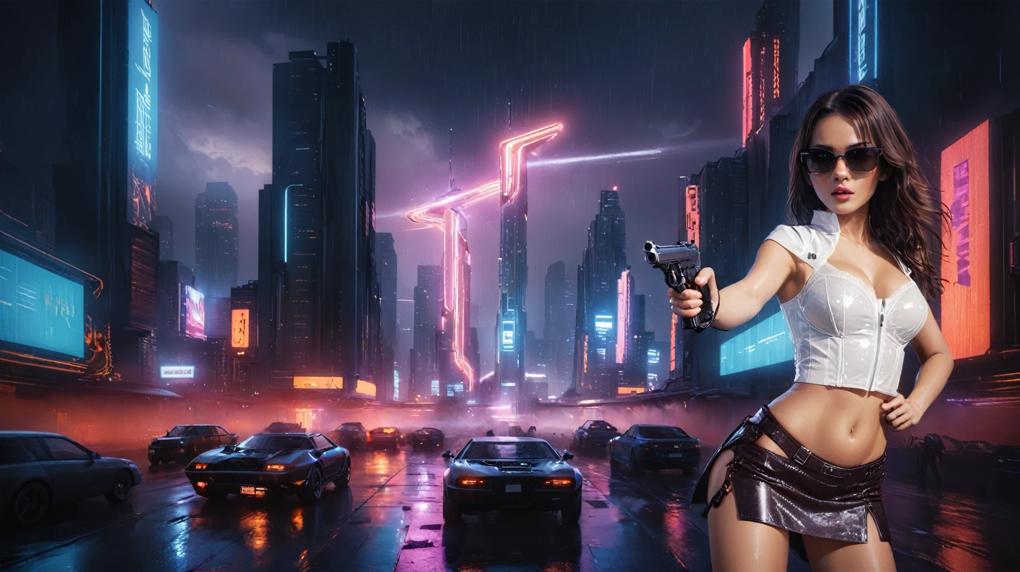 (aerial view), Blade Runner style futuristic city, flying cars, neon lights, rainy night. (1girl, solo, alone), large-breast:1.2 slim body, slim face, cleavage:1.1, sexy laced lingerie, very low angle view miniskirt, jacket, (black sunglasses), (holding a short gun), running pose, half-body thigh level medium shot, cinematic lighting, ray tracing.