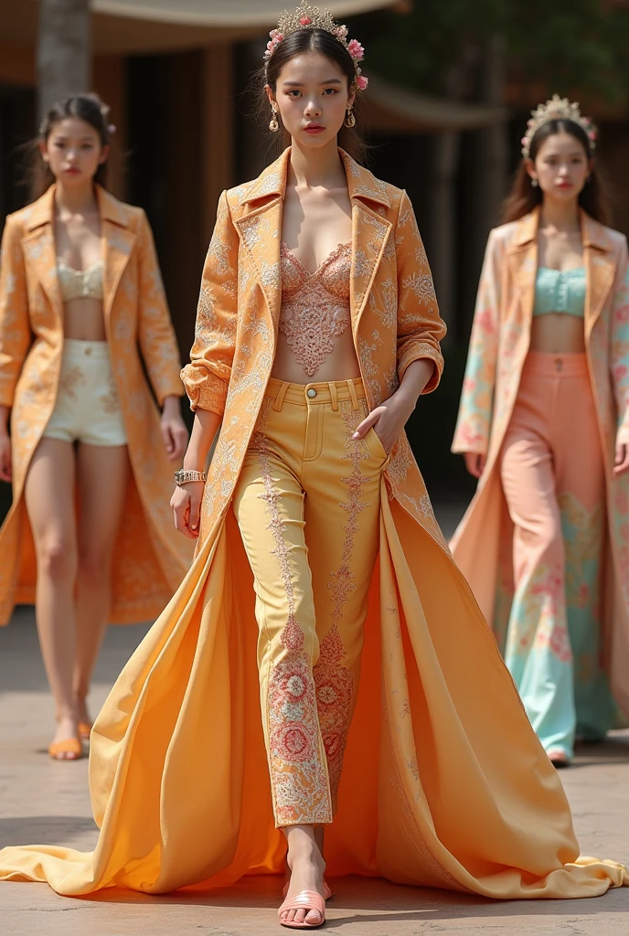 Design a fashion collection of 4 garments inspired by culture of dessert with a touch of westen garments will include jackets trousers dresses skirts and bustiers