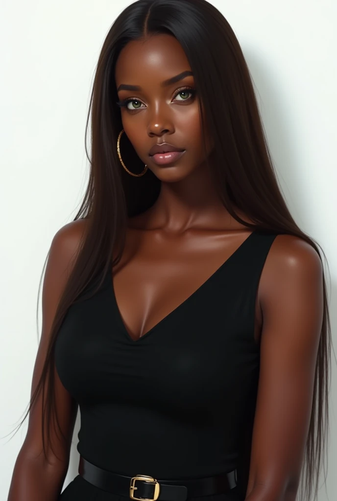 A picture of a dark skinned woman sith long straight brown hair. She has completely straight brows and shrp eyes. Shes in her 30 but she looks a bit younger . The background is complete white. She can be in more cool tones. Shes a queen. With light green eyes. Realistic look . With a black dress