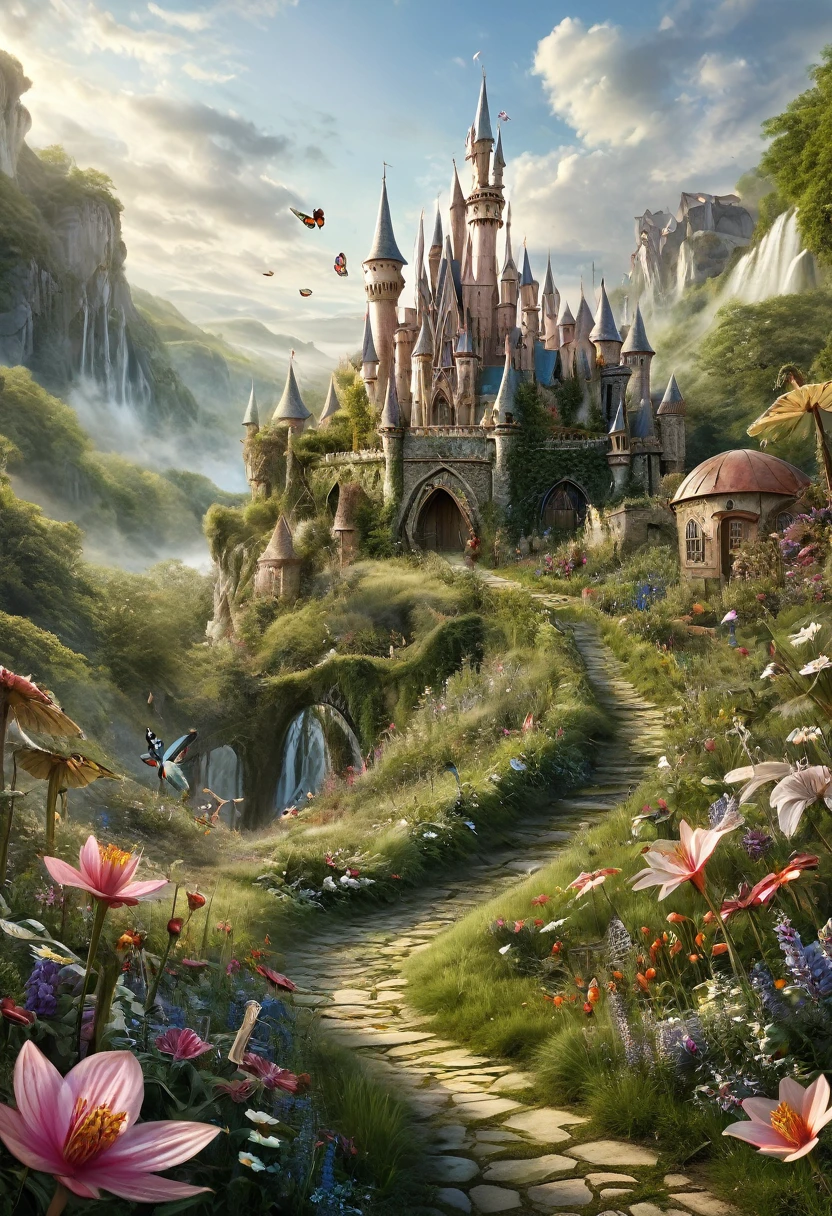 (Realistic:1.2), (whimsical:1.2), (((extremely detailed))), ((no close-up)), ((masterpiece)), (((middle shot, center, colorfull))), a Pixie, mythological, looks epic, fairytale atmosphere, intricate and detailed unreal fairy village on background, in motion, dynamic composition, depth of field, analog photo style, kodak porta 400 