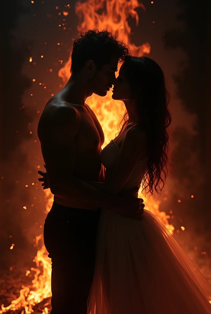 The image you have shown me is the cover of a book titled "fire and shadows: Erotic Stories". The cover shows a couple in an intimate pose, with their silhouettes barely visible. The man and the woman are sitting, and their bodies come closer as they seem to be about to kiss. The image has a dark and dramatic atmosphere, with deep shadows and dim lighting. Behind them, Flames are seen enveloping part of their bodies, symbolizing the passion and intensity of the erotic theme. There is a contrast between the darkness of the shadows and the warm glow of the fire., which adds a touch of mystery and sensuality to the scene. The title of the book is in prominent white letters, And below, in a smaller size, the phrase is found "Erotic Stories".

I will generate a similar image for you, keeping the focus on a passionate silhouette with fire and shadow effects, making sure to capture the sensual and dramatic atmosphere.
