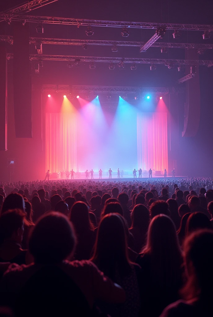 A concert with people waiting to see the lights and colors. But there are no musicians. realistic 