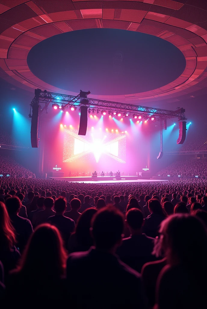 A concert with people waiting to see the lights and colors. But there are no musicians. realistic 