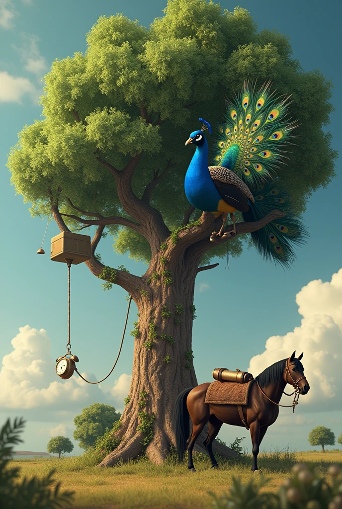 A telephone ringing in tree. A peacok sit on tree. A horse is carring cylinder.