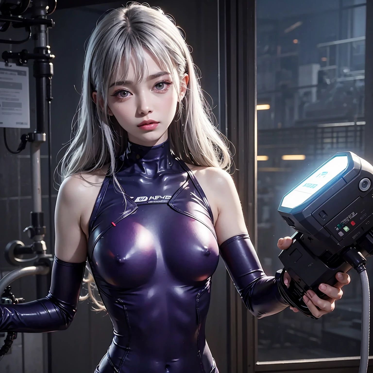 BrnWshM，（Fixed restraints、electric、cable、Milking Machine、Injection into chest），（masterpiece），（Super Fine），Clarity、vivid、Delicate face，Best quality，（Reality）），1 girl，，Medium build，Beautiful face，Bright purple eyes，Pointed nose，Silver Hair，Wave head，Bangs，Upper body，BrnWshM，TOver，Tight skin，Tight clothing，Mucus（substance），1 girl，bathroom，