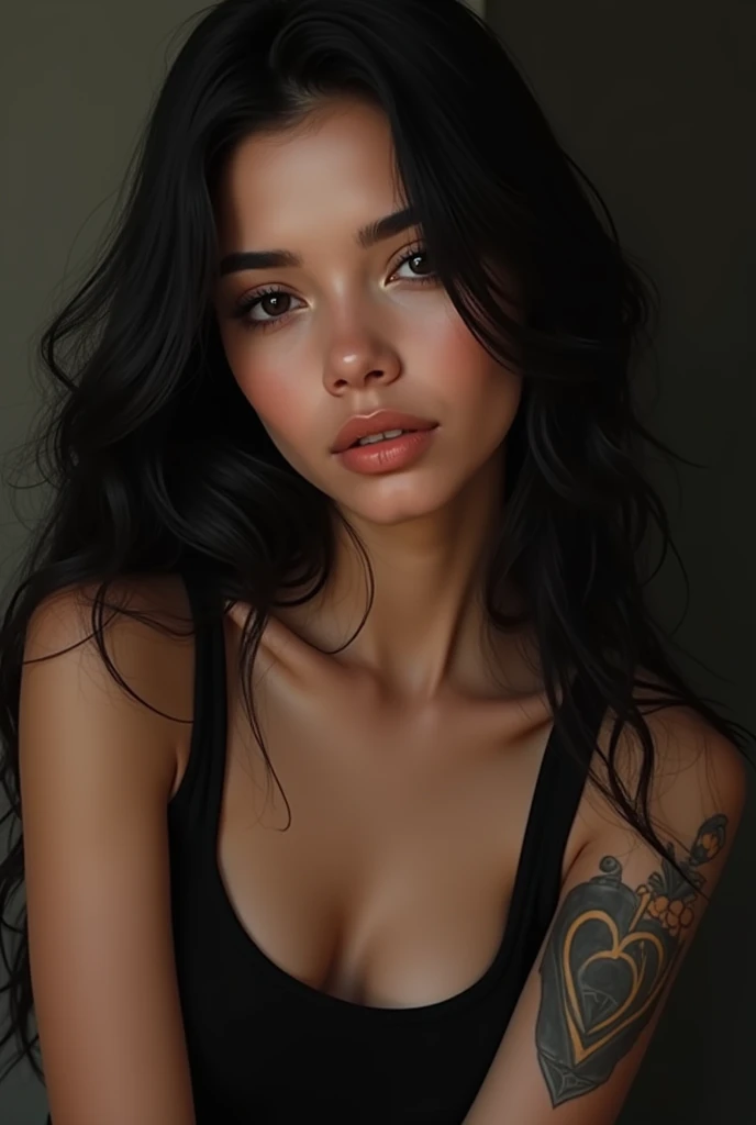 colombian girl, long black hair, Brown eyes, with a tattoo on the right cheekbone of a heart, parts, thin brown lips, dressed in a black tank top
