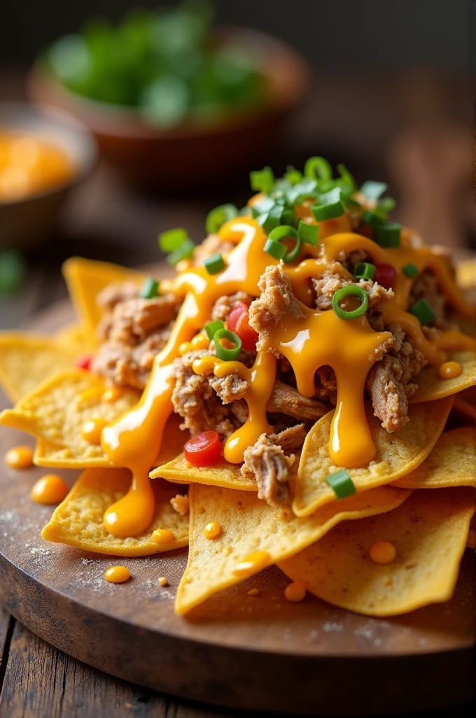 Nachos woth cheese dropping with chicken topping