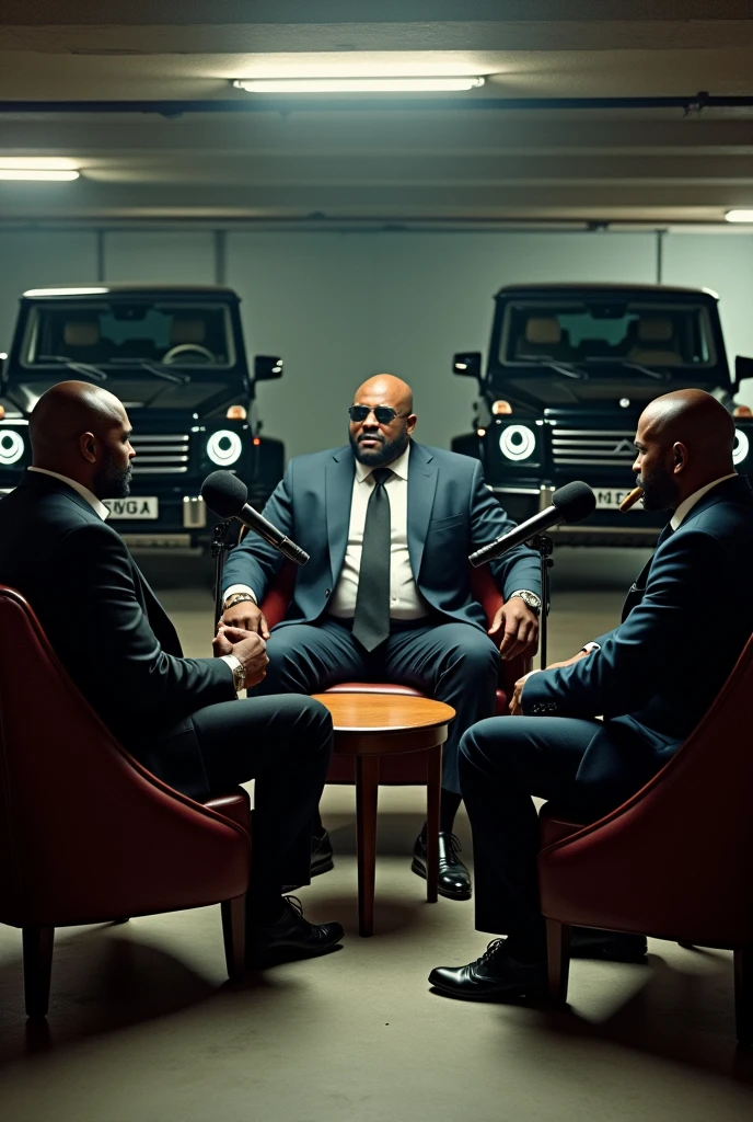 An underground parking lot with three leather chairs and a  coffee table. On these table are seated three black mascular men in suites smoking cuban cigars.  Next to each chair is a microphone stand through which the men a speaking as they engage in a conversertaion in a live stream podcast. Behind the men in the background are the cars. A black rolce royce ghost and two black mercedes G wagons.