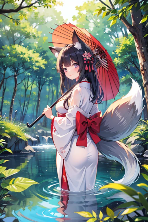 High resolution　Highest quality　The only one in the world　woman　Has fox ears and tail　There are 9 tails　　Gentle smile　Holding a Japanese umbrella　kimono　Big Breasts　Deep in the forest where the sun shines　A clear lake behind　The bottom is transparent and reflects the back of the person.