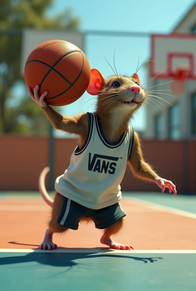 Mustachioed rat in vans tank top playing basketball