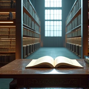 old library full of light, open books on a table, cyberpunk scenario, Japanese style, detailled image, 4K, Science fiction