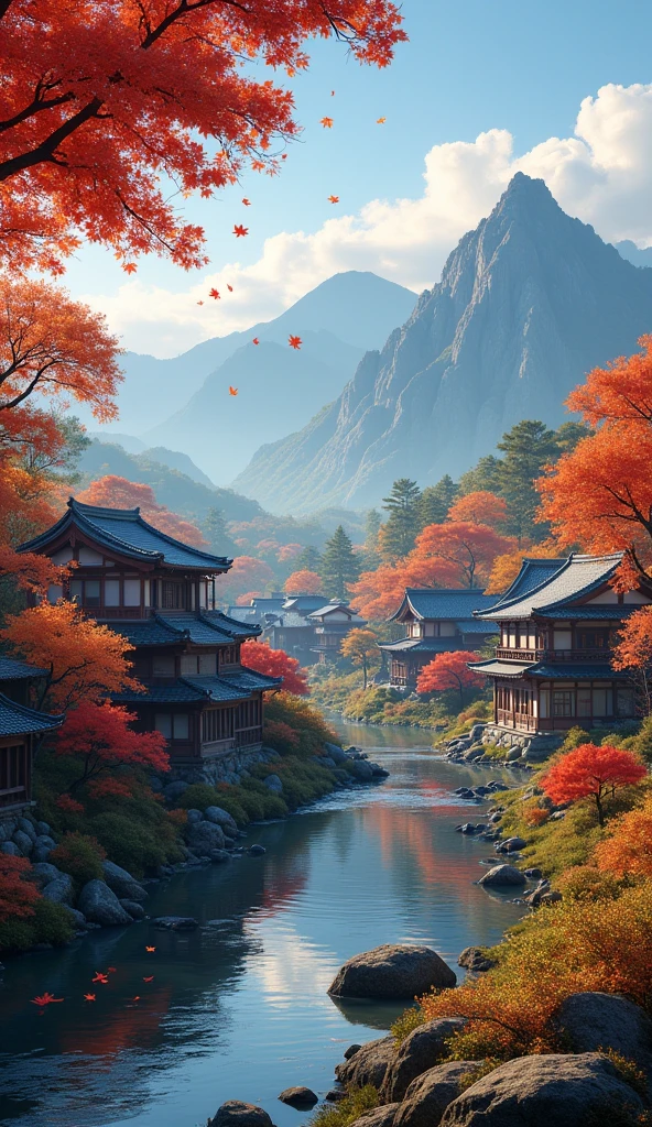 Create an 8K image of a traditional Japanese village nestled in a scenic valley during the peak of autumn. The landscape features a serene river reflecting the cloudy sky, with the mountains in the background enveloped in mist. The village consists of old, dark-roofed houses surrounded by vibrant autumn foliage, predominantly in shades of red, yellow, and orange. Maple leaves are gently falling, creating a peaceful and nostalgic atmosphere. Ensure the colors are vivid, and the textures of the leaves, roofs, and water are highly detailed. The overall mood should be tranquil and reflective.