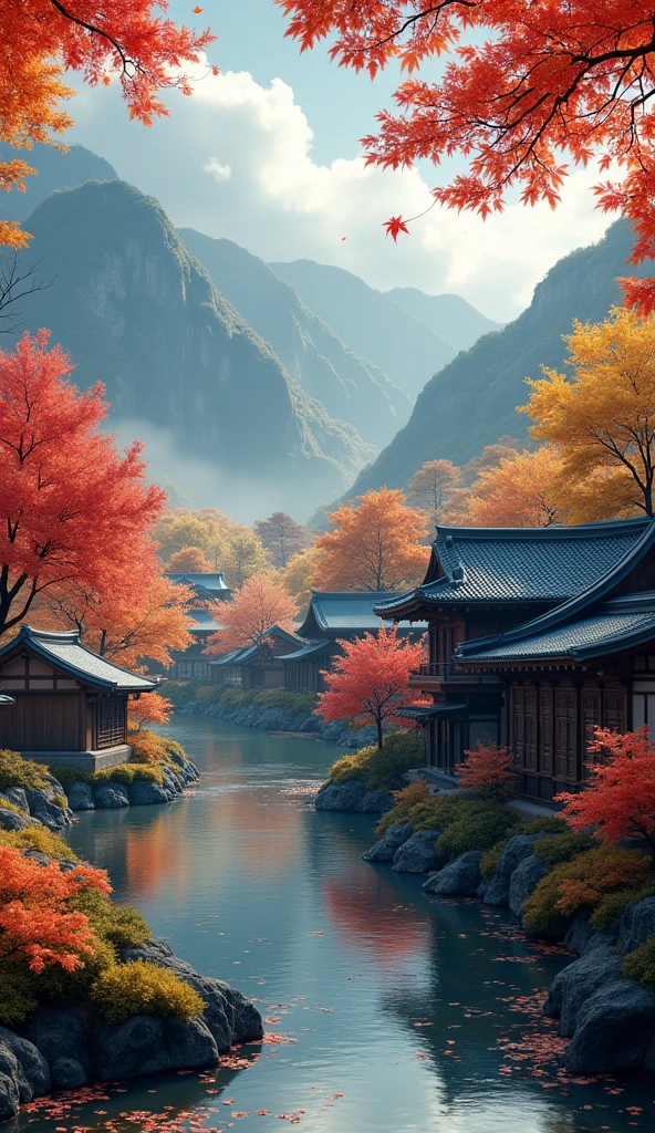 Create an 8K image of a traditional Japanese village nestled in a scenic valley during the peak of autumn. The landscape features a serene river reflecting the cloudy sky, with the mountains in the background enveloped in mist. The village consists of old, dark-roofed houses surrounded by vibrant autumn foliage, predominantly in shades of red, yellow, and orange. Maple leaves are gently falling, creating a peaceful and nostalgic atmosphere. Ensure the colors are vivid, and the textures of the leaves, roofs, and water are highly detailed. The overall mood should be tranquil and reflective.