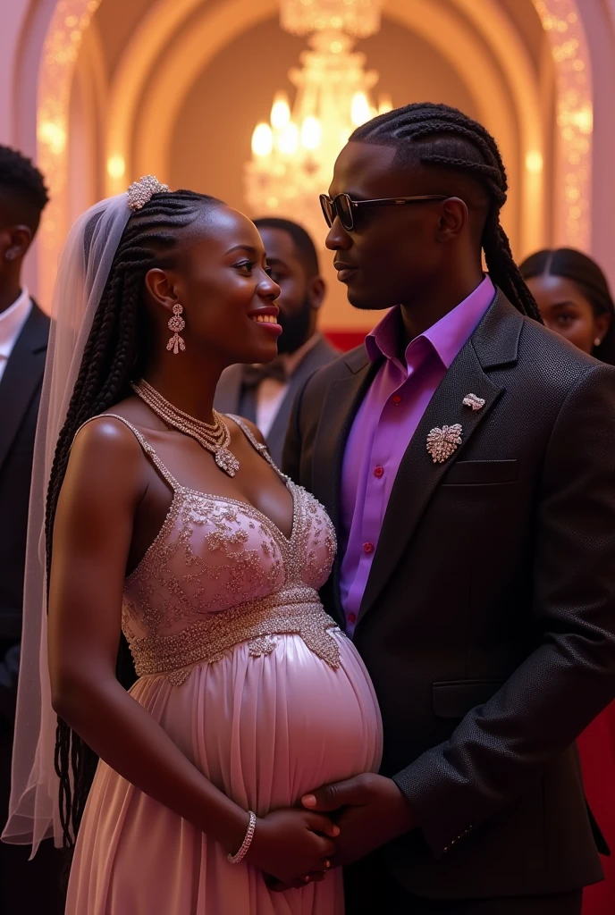 VERY BEAUTIFUL LIGHT SKINNED CURVY FIGURED WOMAN FROM RWANDA AFRICA. SHE IS IN EARLY STAGE OF PREGNANCY. SHE IS WEARING A LONG BLACK GLITTERING DRESS. SHE HAS LONG BRAIDED HAIR TIED WITH WHITE VEIL. SHE IS WEARING DIAMOND NECKLACE AND DIAMOND EAR RINGS. SHE IS WITH HER HUSBAND OUT ON A DATE AT A PARTY WITH FRIENDS. HE IS A MUSCULAR MAN WEARING BLACK SHADES AND HE HAS SHORT TIED HAIR BRAIDS. HE IS WEARING A PURPLE SHINNING SHIRT AND A BLACK SHINNING SUIT. HE HAS A DIAMOND SHINNING PIN ON ONE OF HIS EARS. THE COUPLE IS SURROUNDED BY THEIR AFRICAN FRIENDS SMARTLY DRESSED AT THIS PARTY
