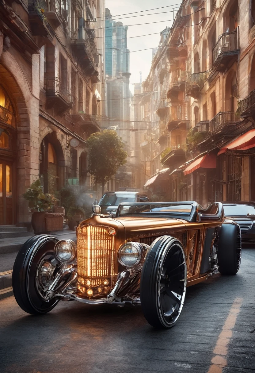 A futuristic hi-tech hot rod inspired by, Steampunk-inspired, Chrome Exhaust pipes, LEDs, (((Black wheels))), on the road in city area background, at Midday time, Front Side view, symmetrical, By Ray Shark