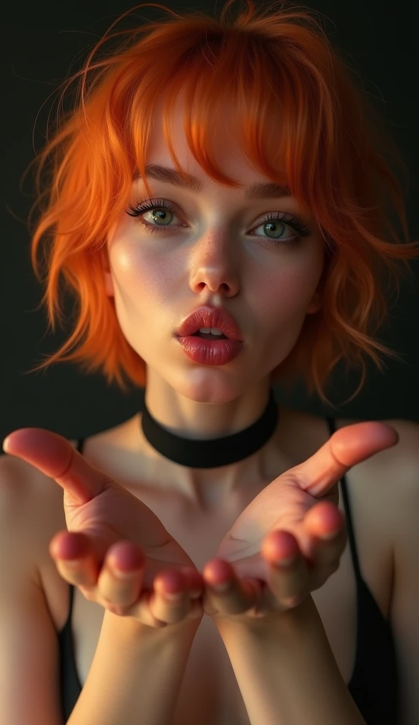1girl, Dutch angle shot of a beautiful young woman, big clear eyes, eye contact, blowing a kiss, (medium breasts:1.2), (topless:1.1), choker, front view, parted lips, pulpy lips, bright orange hair, short messy hair, bangs, highly detailed, soft tones, extreme detail, dark background, (detailed textures:1.1), (plain background:1.2), gradient background, dramatic light, happy smile, hands reaching towards camera, high DOF.
