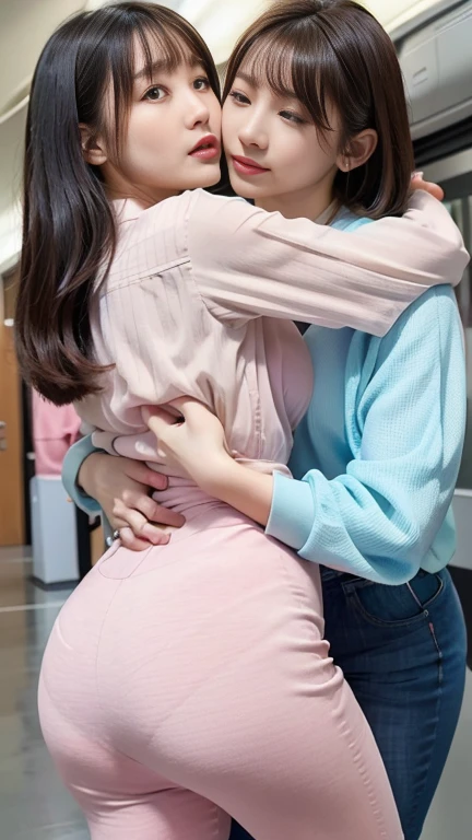 Highest quality, masterpiece, 8k, Ultra-high resolution, (Realistic: 1.4), 1 person, Beautiful Face,Detailed facial expressions、 (A woman hugs him from behind、Hug under the chest)、Symmetrical eyes, big, thin、Perfect figure, stewardess, (Inside the plane: 1.2), Rear View,, (Absolute area:1.3)、Show me the back of the thigh、Lightweight lace pants、Tight ass、Toned thighs、Stick your butt out、thin下半身、small panties in pink lace、See-through blouse、