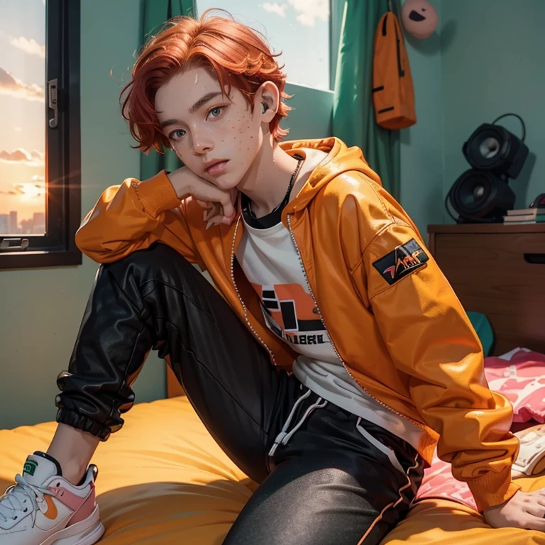 Young boy, short red hair, pastel green eyes, light skin, small pink freckles on his face, orange headphones, orange jacket, black shirt with colorful details, black pants, black sneakers, sitting on the bed in his room looking up while listen to music, sunset