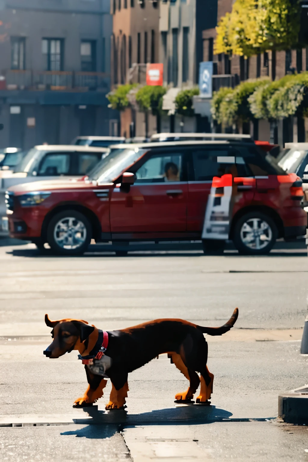 Stylish cityscape River side A miniature dachshund is walking Landscape Daytime bright