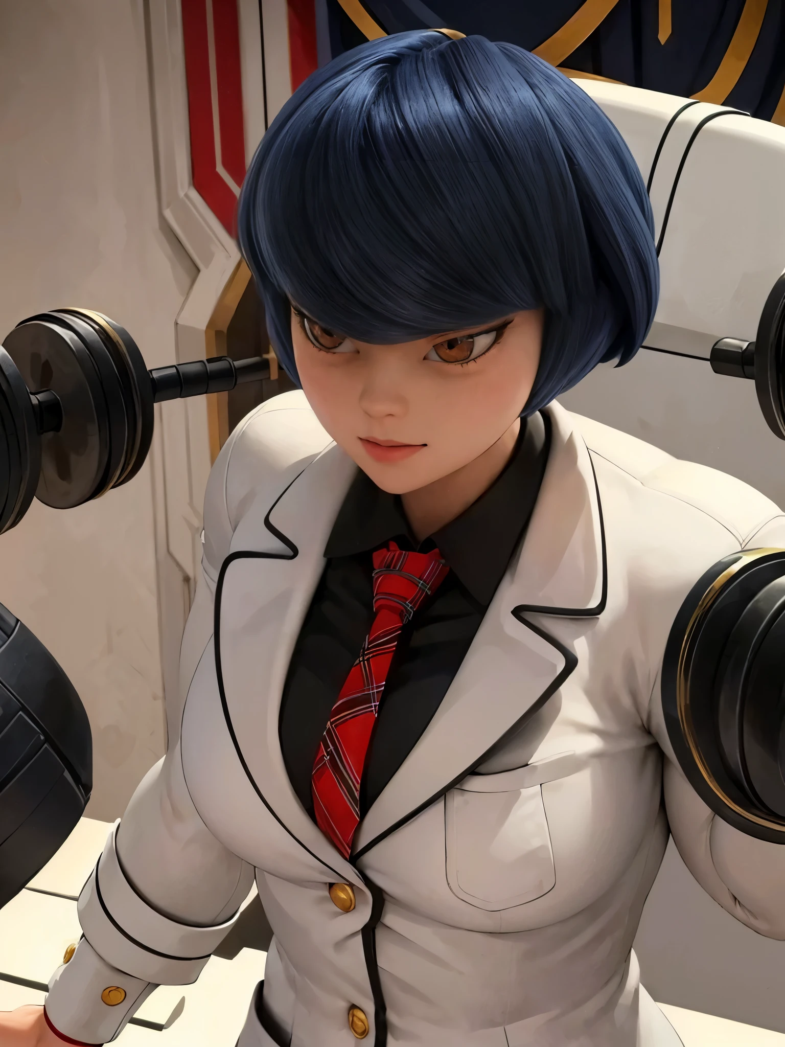 (big muscular female bodybuilder, beautiful detailed eyes, beautiful detailed lips:1.1,strong physique, short hair, (smile),((( Kagami wears a white long-sleeved blazer that has black outlines around the collar, running down across her waist all the way to the bottom to the hem, cuffs and two black accents on the top of the fastened outer pockets. The blazer also has two gold pockets around the waist and each side of the cuffs.))), and ballet flats.), lifting weight, Thick Neck, watermelon sized muscular arms and legs:1.2, ((((toned 12 pack abs))), powerful expression,sweating:1.1, gym background:0.9, intense focus:1.1, vibrant colors, dramatic lighting), rippling muscles,sturdy frame,dark tan,fit around the waist,(tight 10 pack abs),strong arms and shoulders,intense expression,determined look,well-defined muscles and veins,straining muscles,artistic pose,steely gaze,side lighting,powerful presence,vivid colors,dynamic composition,studio lighting,physically-based rendering,athletic build,bodybuilding silhouette,professional,gritty texture,bokeh, working out in the gym with heavy dumbell .