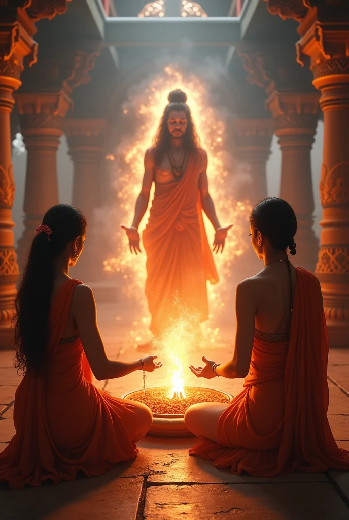 Worship Scene**: Devotees performing a ritualistic puja of Hanuman Ji, with offerings and incense, showcasing their reverence and devotion, while Hanuman Ji's divine presence is depicted with a glowing aura. In dall e-3 style
