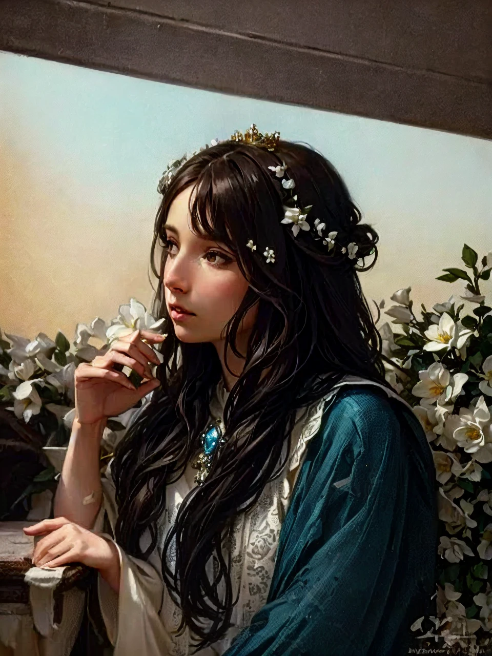 a woman with a crown of flowers, angel with wings, white flower, (best quality,4k,8k,highres,masterpiece:1.2),ultra-detailed,(realistic,photorealistic,photo-realistic:1.37),fantasy,surreal,ethereal,whimsical,magical realism,beautiful detailed eyes,beautiful detailed lips,extremely detailed face and features,long eyelashes,delicate porcelain skin,soft lighting,warm color palette,cinematic,digital painting,long brown hair