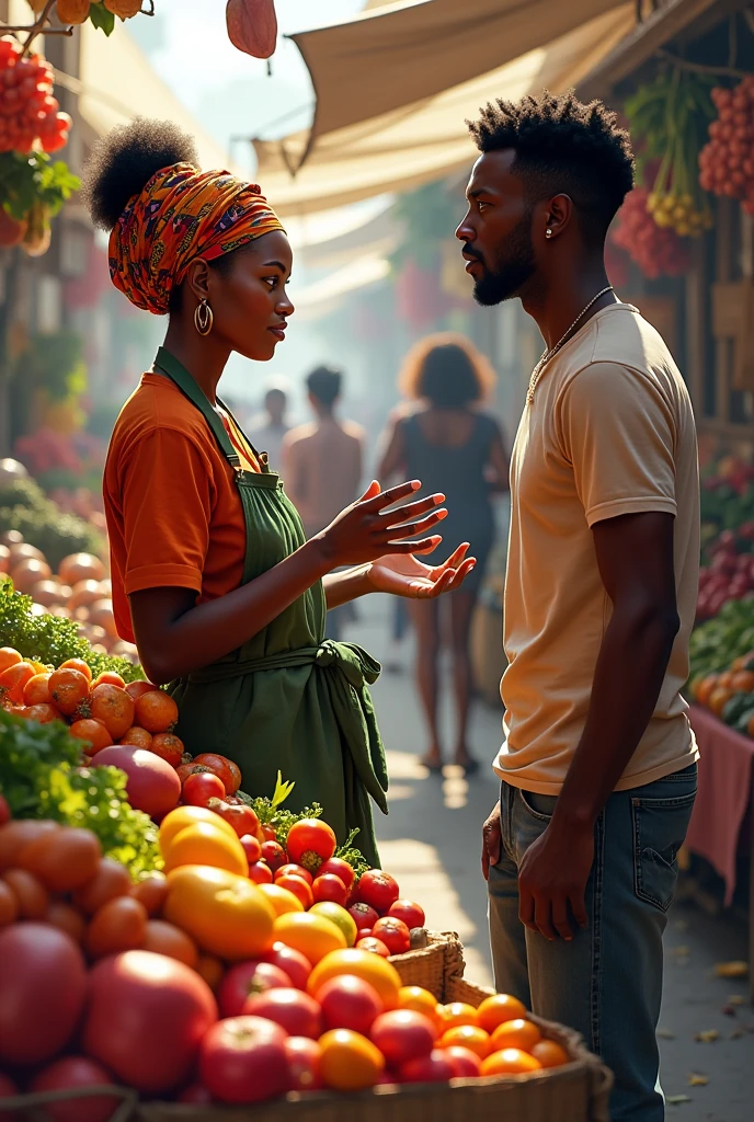 Black woman selling vegetables talking to a man at the market