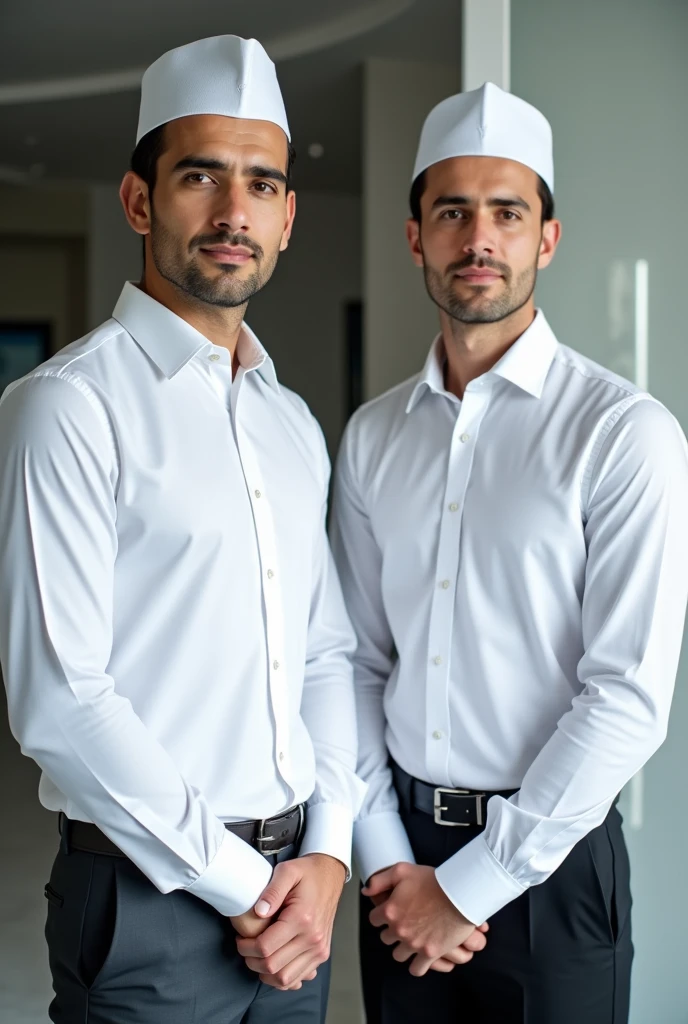 Photo of 2 male officials wearing white shirts and peci facing forward in HD quality