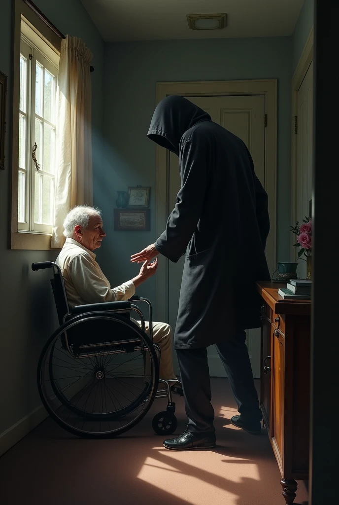 Create an image of a scene, where a criminal, An unknown man deceives and extorts a disabled person inside a humble home