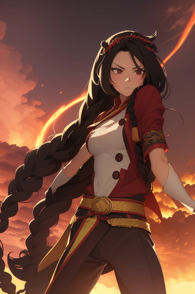 Nezuko Kamado, full body, grown-up, very hot, very sexy, dressed in a light samurai-inspired armor with golden details and a glowing belt, her hair tied in a long braid, standing on a battlefield with cloudy skies and fire in the background, the atmosphere is intense and epic, Illustration, digital art with dramatic shadows