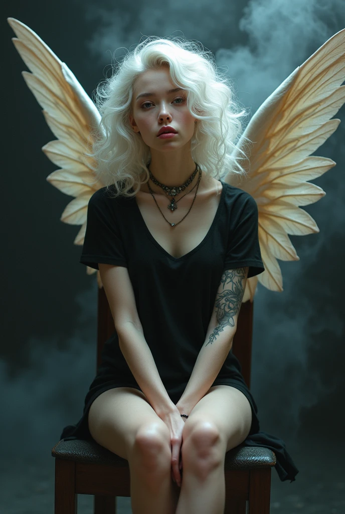 Girl like a fairy face smooth skin pink lips white curly hair perfect body setting on the chair and have necklace and have tattoos with black t-shirt and dark smoke background with big wings of an angel